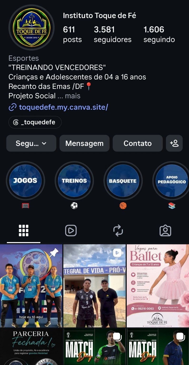 Perfil atualizado do Instituto Toque de Fé no Instagram